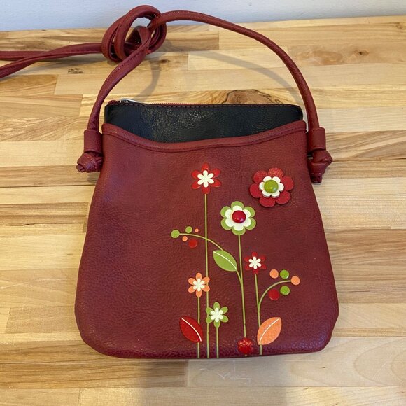 Espe Red Floral Vegan Leather Mini Crossbody Bag With spaghetti Strap & Top Zipp - Picture 2 of 11